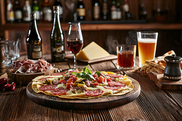 loaded nacho platter with cured meats, melted cheeses, rustic bar counter, craft beverages