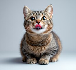 Obraz premium Playful Tabby Cat with Bright Eyes and Pink Tongue Looking Up Against a Simple Gray Background Captured in Close-Up View
