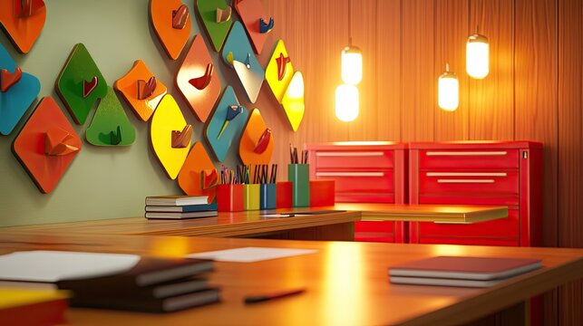 A vibrant retro workspace featuring high-gloss wooden desks