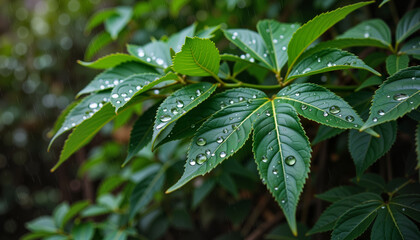 Raindrops glistening on green leaves in serene forest, nature's beauty
