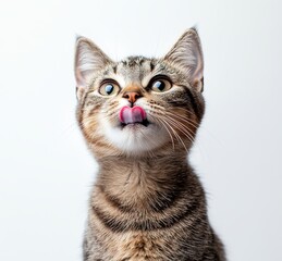 Obraz premium Playful tabby kitten with big eyes and tongue out, sitting against a simple white background, capturing the essence of curiosity and cuteness in animals