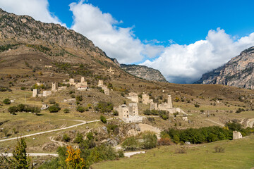 Medieval Erzi Battle Towers in the Jeyrakh Gorge. Medieval castle-type tower complex located on a mountain ridge in Ingushetia, Russia.