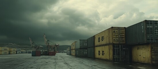 Stormy Port Cargo Containers, Cranes, Hills