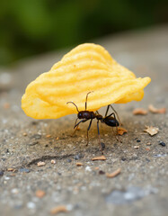  Tiny ant struggling to carry a large potato chip, which appears massive compared to its body size
