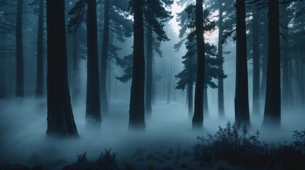 Naklejka premium Enigmatic silhouettes of tall trees stand shrouded in a thick, ethereal fog, creating a mysterious and serene atmosphere in this tranquil forest scene.