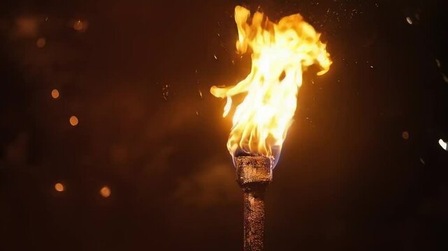 Burning torch illuminating the night, casting sparks and flames against a dark backdrop, creates a dramatic and fiery atmosphere filled with energy and passion