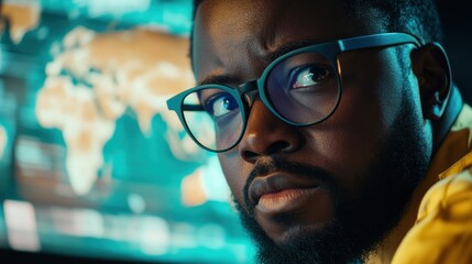 Focused man monitors global data, intense expression, control room, cybersecurity