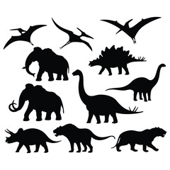 black silhouette illustrations of prehistoric creatures, including dinosaurs (stegosaurus, long-necked dinosaur, 