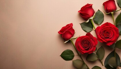 Fototapeta premium red roses on a flat background with space for text, birthday card, March 8, mother's day.