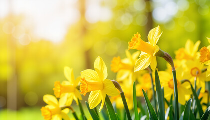Blooming daffodils in sunny meadow, spring equinox celebration