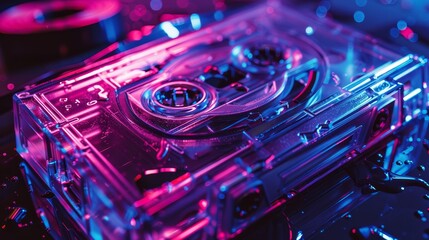 Close up of a retro neon audio cassette tape against a dark background for nostalgic vibes