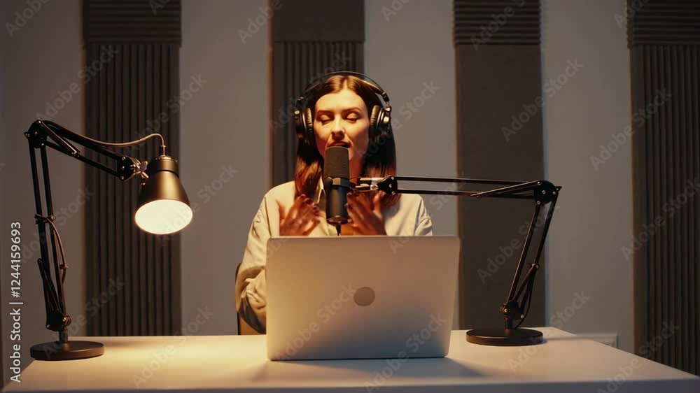 Poster professional content creator wearing headphones recording audio podcast, speaking into microphone wh