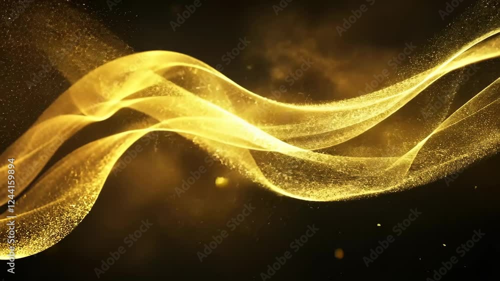 Poster golden particle waves flowing in abstract motion across dark background