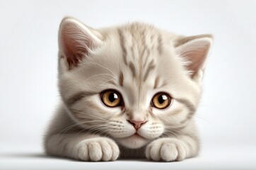 Cute adorable domestic curious cat kitten animal with its paws peeking over a white surface, photorealistic illustration on isolated background texture design.
