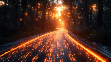 A glowing, winding road through a mystical forest at sunset.