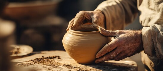 Craftsman's hands shaping clay pot in workshop
