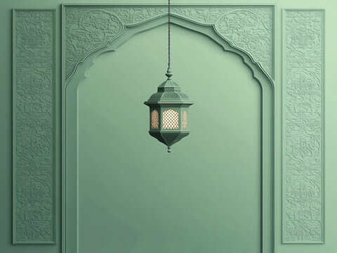 Ornate archway, Mint green wall, Hanging lantern, Vintage light fixture, Minimalist composition, Soft lighting, Textured surface, Architectural detail, Symmetrical design, Muted color palette. - Powered by Adobe