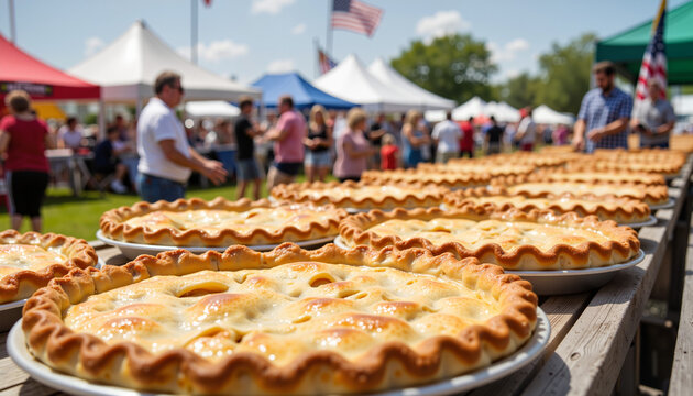 Traditional pie contest at bustling fairground with sunny sky, celebration