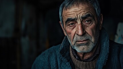 Obraz premium Elderly man portrait, somber gaze, rustic interior, poverty, documentary use