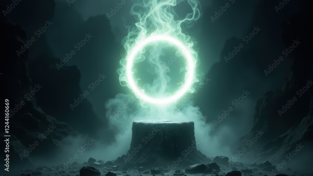 Poster a mysterious and mystical religious-themed background with a glowing green circle at its center surr