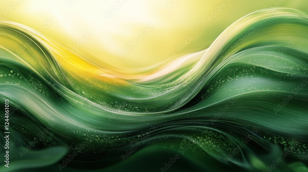 Poster abstract representation of flowing green waves with a warm light backdrop.