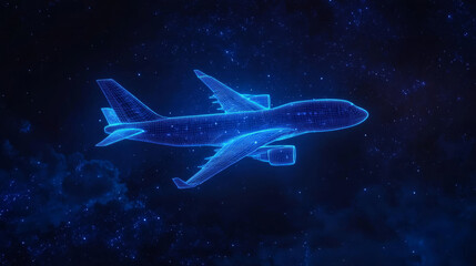 Airplane. Abstract 3d polygonal wireframe airplane on blue night sky with dots and stars. Travel, aircraft, tourism, vacation concept illustration or background