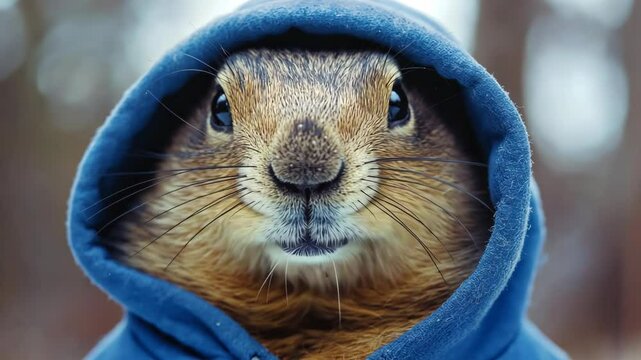 A funny and adorable groundhog wearing a blue hoodie, looking serious and determined, creating a humorous and quirky scene. . High quality 4k footage