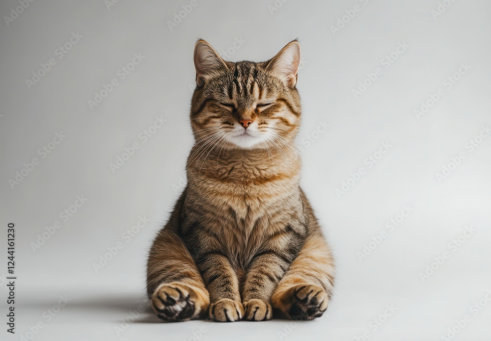 Poster relaxed tabby cat sitting comfortably on a soft surface with a calm expression in a minimalist backg
