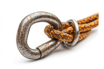 Obraz premium A sturdy metal carabiner is connected to a tightly knotted orange rope, ideal for climbing and securing gear during outdoor adventures
