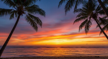 Fototapeta na wymiar Tropical Sunset With Palm Trees Overlooking Tranquil Sea Waves on the Beach