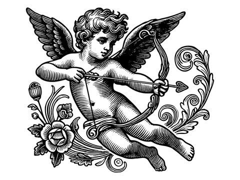 Cupid, the winged cherub, aiming his bow with heart-tipped arrow, surrounded by elegant floral and ornamental details sketch engraving generative ai PNG illustration. Scratch board. Black and white