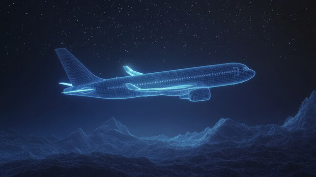 Airplane. Abstract 3d polygonal wireframe airplane on blue night sky with dots and stars. Travel, aircraft, tourism, vacation concept illustration or background