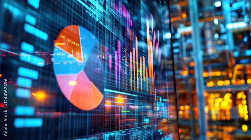 Poster futuristic digital display showing colorful charts, graphs, and data visualization in a server room,