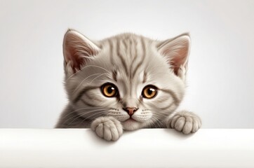 Cute adorable domestic curious cat kitten animal with its paws peeking over a white surface, photorealistic illustration on isolated background texture design.
