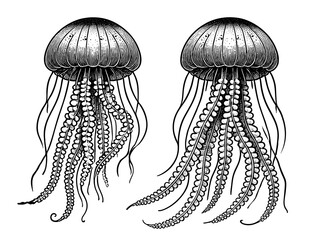 jellyfish with intricate tentacles and textured bell-shaped bodies, symbolizing marine life and ocean beauty sketch engraving generative ai PNG illustration. Scratch board. Black and white image.