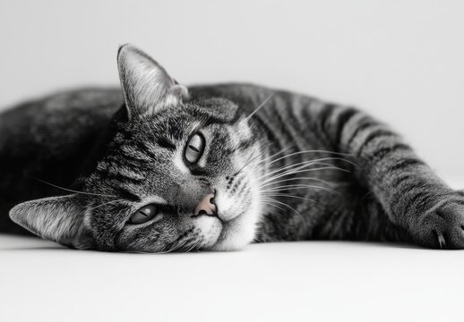 Serene Grey Tabby Cat Relaxing on a Minimalist White Background Capturing Tranquility in a Black and White Artistic Style