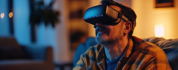 Man using VR headset at home, immersive experience, warm lighting