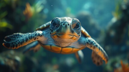 Fototapeta premium Curious Amazon River Turtle Swimming Underwater