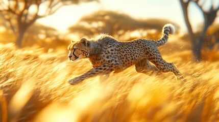 Obraz premium Cheetah Sprinting Across Golden Savanna, Power and Grace