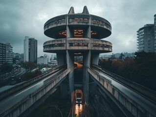 Futuristic Cityscape: A captivating aerial perspective of a futuristic cityscape, featuring a sleek concrete structure with a circular tower that rises above a sleek elevated monorail track.