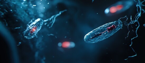 Obraz premium Microscopic Organisms Flowing, Dark Background, Lab Research