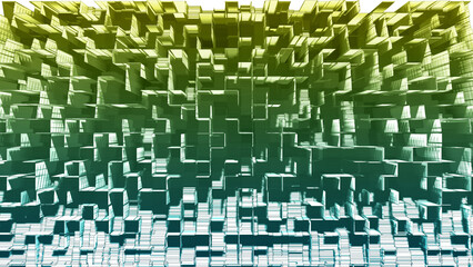 Digital cityscape with structured cubes forming a modern green-yellow abstract background.