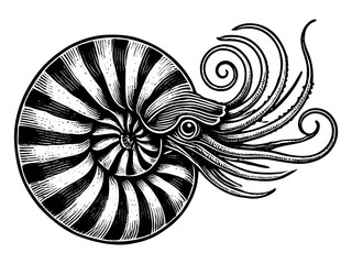 nautilus with swirling tentacles and ocean waves, inspired by vintage scientific and marine art sketch engraving generative ai PNG illustration. Scratch board imitation. Black and white image.