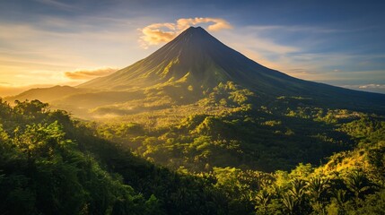Fototapeta premium Sunrise Volcano Tropical Jungle Landscape Vista