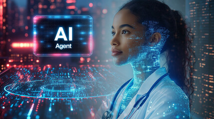 An AI agent doctor in a virtual medical consultation symbolizing autonomy in agentic healthcare during a patient and physician checkup with a personal online assistant who knows medicine