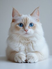 Obraz premium Soft and Fluffy White Cat with Stunning Blue Eyes Posing Gracefully on a Light Background, Perfect for Animal Lovers and Pet Enthusiasts