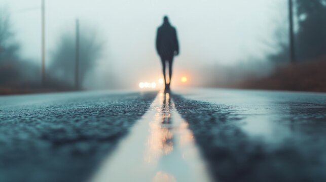 Solitary figure walking foggy road at dusk