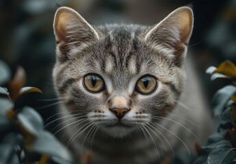Fototapeta premium Striking Close-Up of a Curious Tabby Cat with Green Eyes Among Lush Greenery Surrounded by Leaves in a Tranquil Outdoor Setting