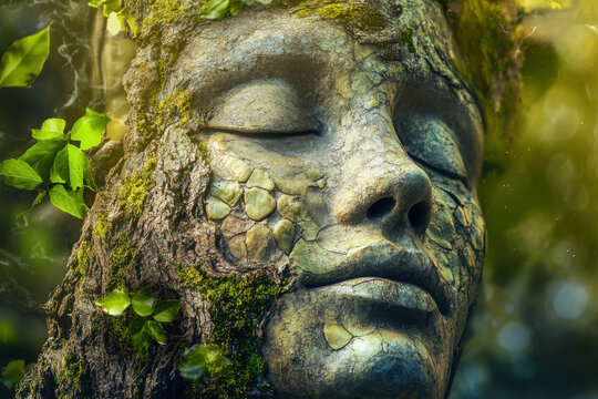 Surreal portrait of a tree goddess with a serene face merging with nature, symbolizing harmony and environmental connection