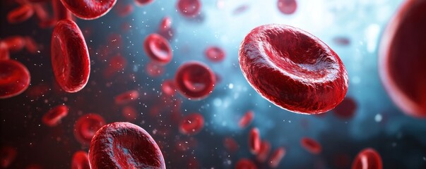 Red blood cells flowing, microscopic view, blue background, medical illustration